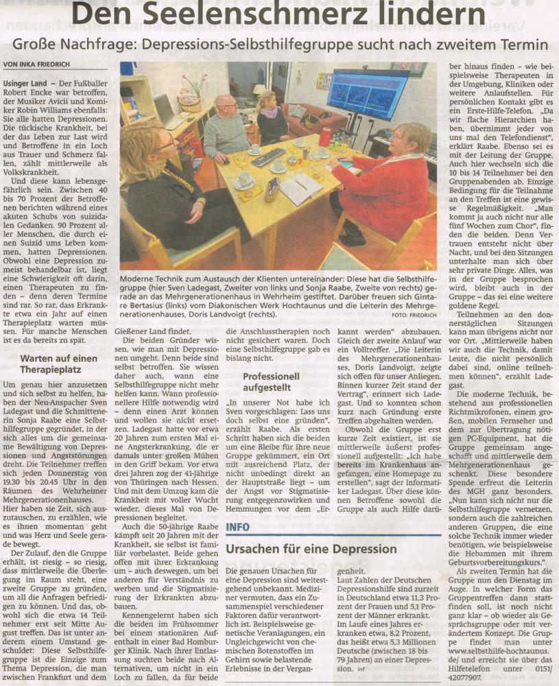 Zeitungsartikel über die Selbsthilfegruppe, welcher am 28.11.2022 im Usinger Anzeiger erschienen ist.