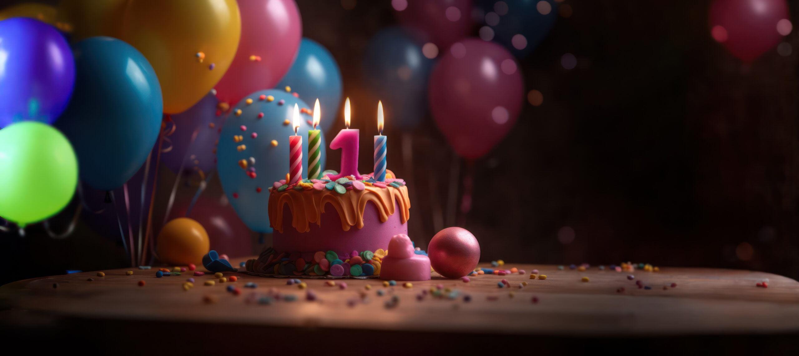 Luftballons und Geburtstagskuchen mit einer Kerze in Form der Zahl Eins.