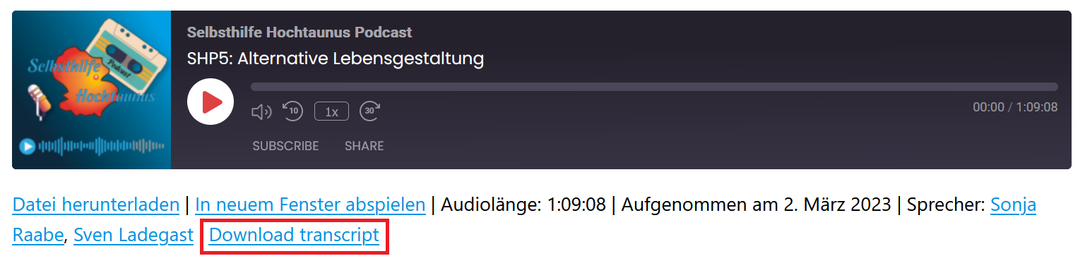 Darstellung der Download-Funktionalität des Transkripts einer Podcastfolge